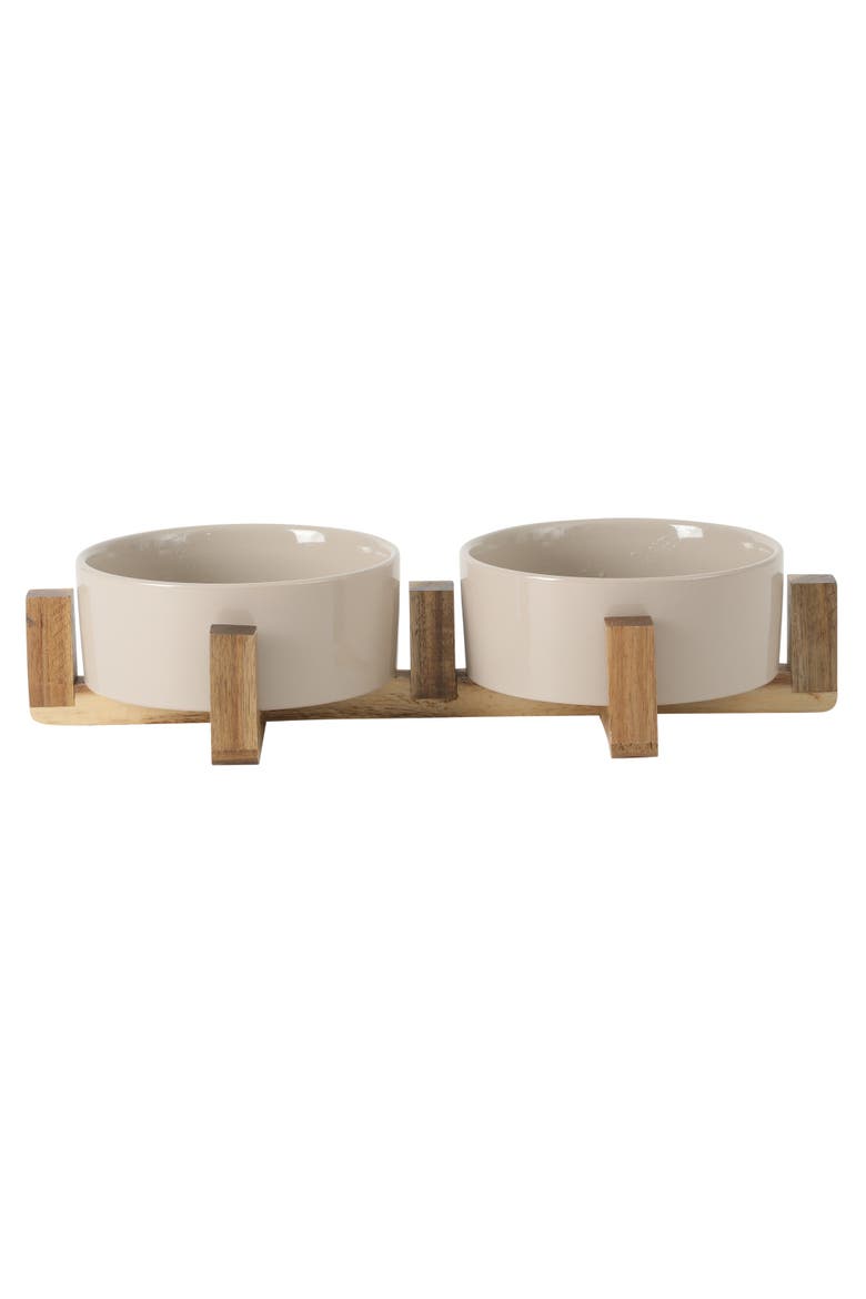 Zoomie Bites Ceramic Pet Bowl with Acacia Wood Stand, Alternate, color, Taupe