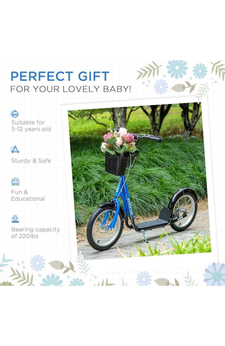 Aosom Youth Kick Scooter with Adjustable Handlebars, Double Brakes, Tires, Basket, Cupholder, Alternate, color, Blue