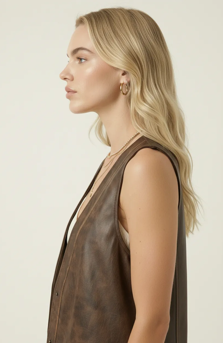 Modenaire Faux Leather Vest with Snap Buttons, Alternate, color, Brown