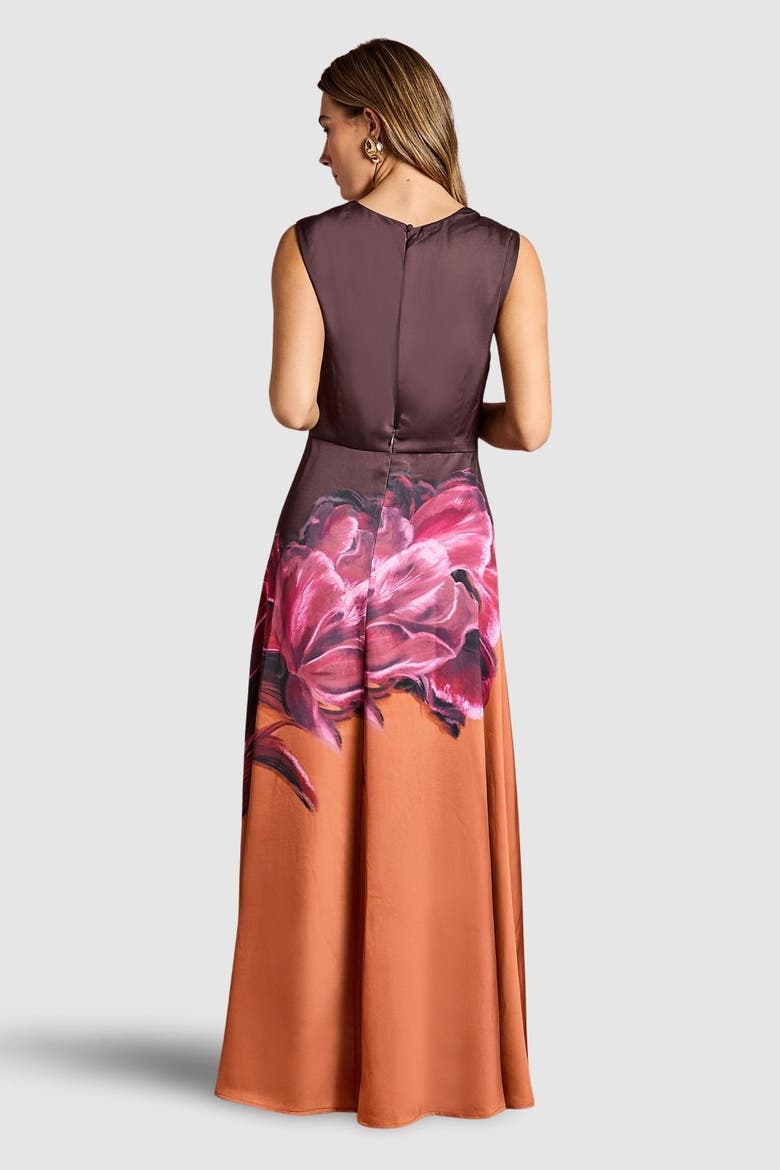 Ruched Print Satin Midi Dress, Alternate, color, Orange