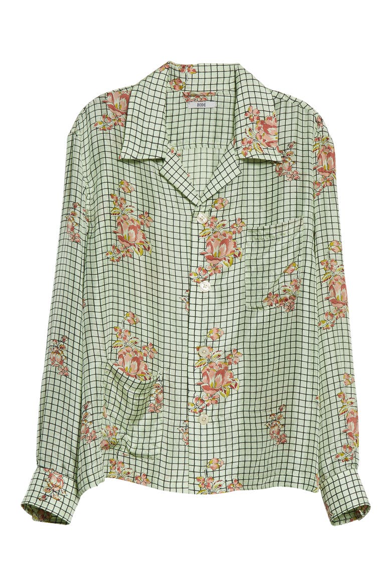Mint Grid Floral Silk Button-Up Camp Shirt, Alternate, color, MINT MULTI
