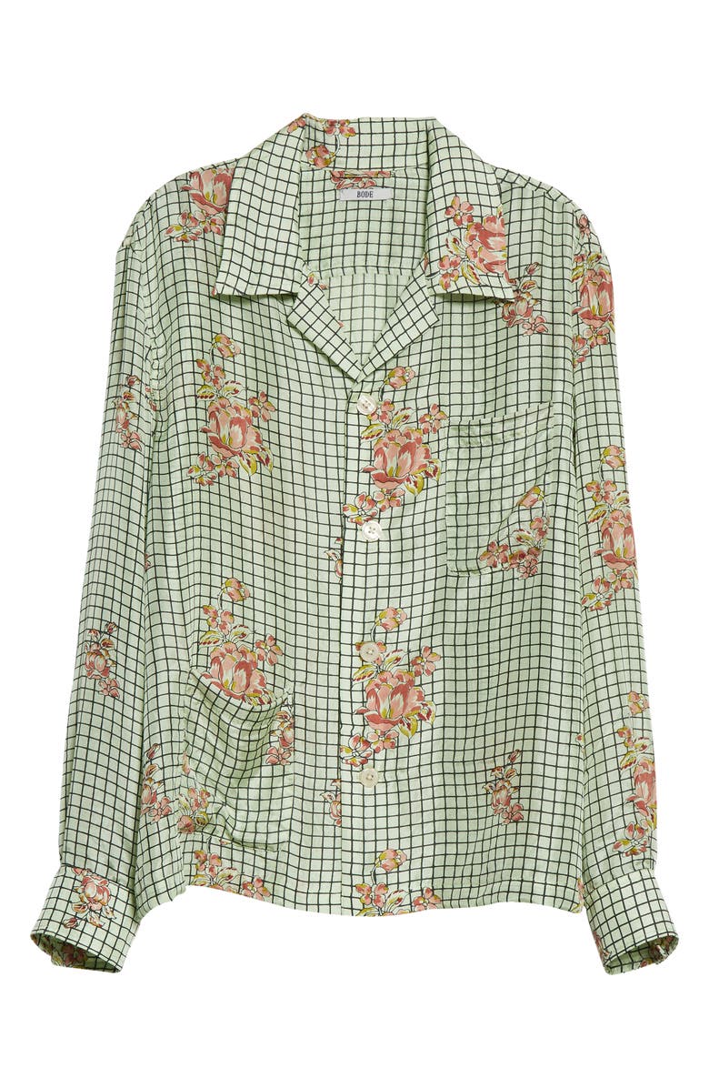 Bode Mint Grid Floral Silk Button-Up Camp Shirt, Alternate, color,