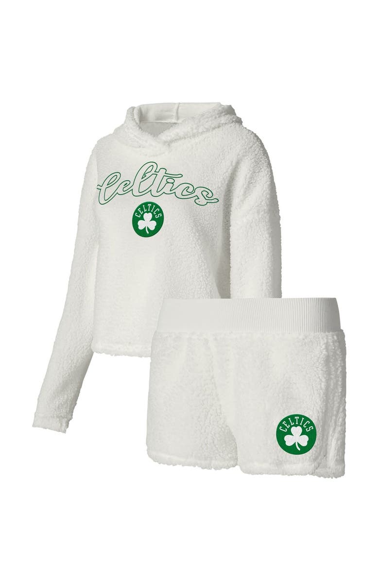 College Concepts Women's College Concepts Cream Boston Celtics Fluffy Long Sleeve Hoodie T-Shirt & Shorts Sleep Set, Main, color, 
