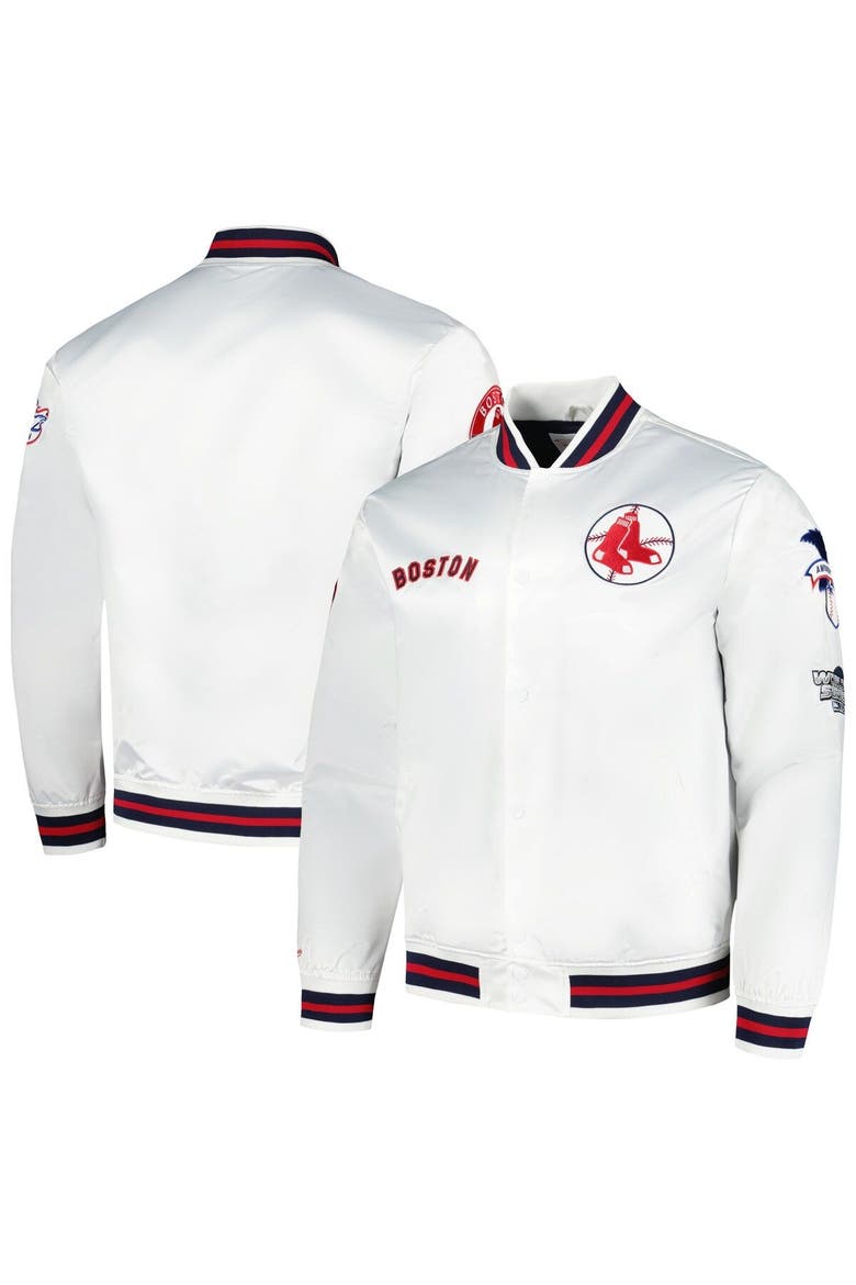 Men's Mitchell & Ness White Boston Red Sox City Collection Satin Full-Snap Varsity Jacket, Main, color, White