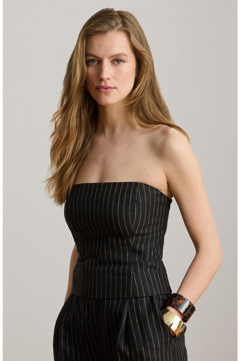 Chalk Stripe Linen Bustier Top, Alternate, color, BLACK/ MULTI