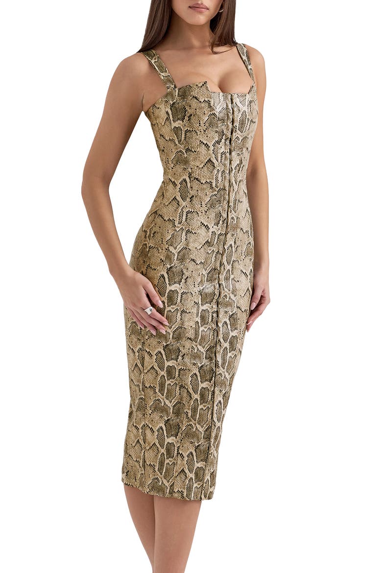 Gracie Panelled Faux Leather Midi Cocktail Dress, Alternate, color, BEIGE SNAKESKIN