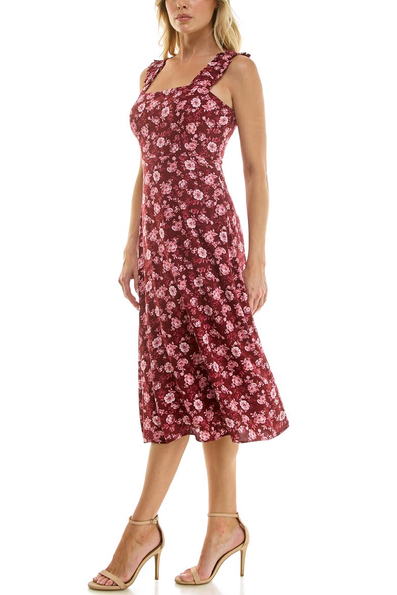 Ruffle Strap Sleeveless Midi Dress, Alternate, color, WINE FLOR PRINT