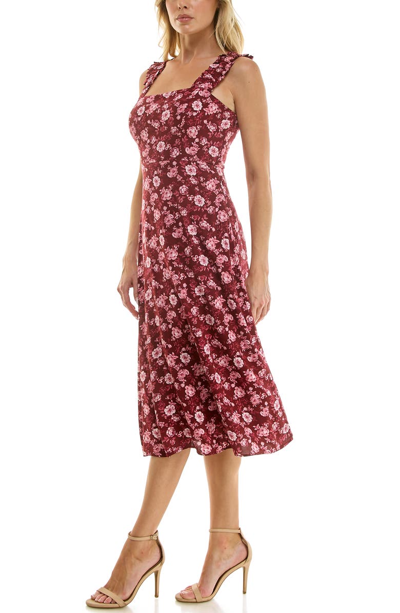 Socialite Ruffle Strap Sleeveless Midi Dress, Alternate, color, Wine Flor Print