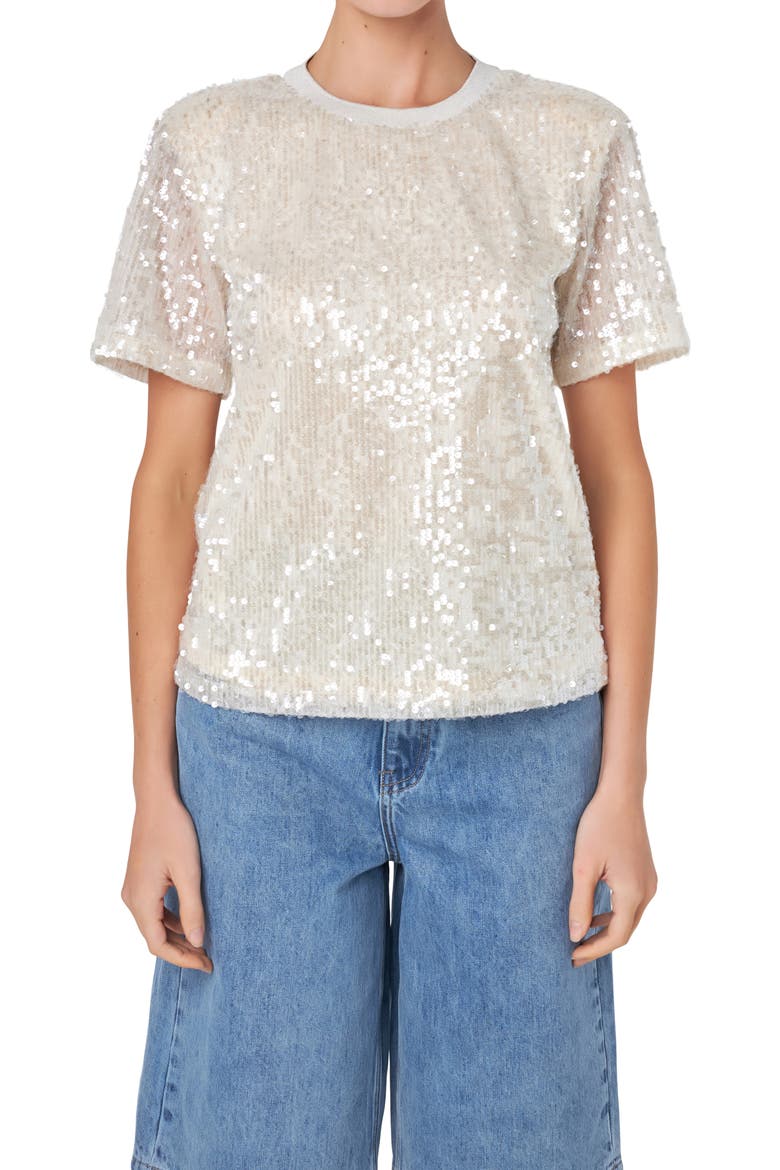Sequin Padded Shoulder Back Cutout Top, Alternate, color, NUDE PINK