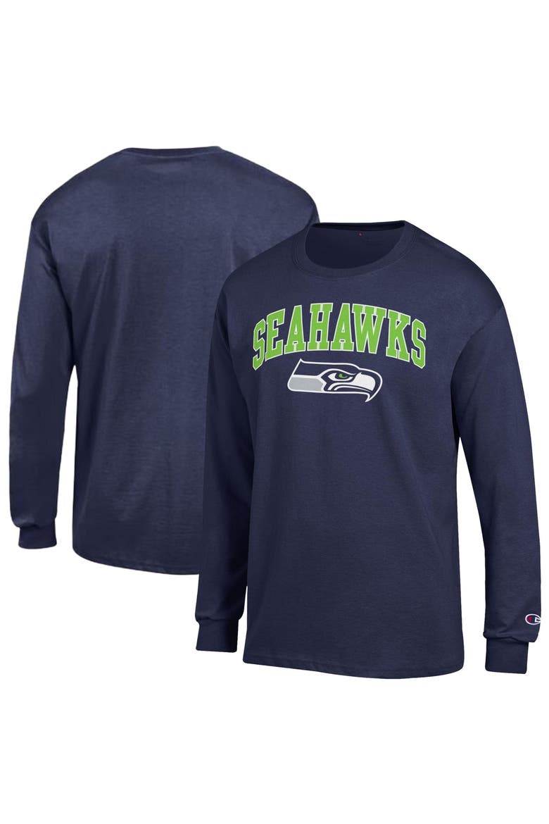 Men's Champion College Navy Seattle Seahawks Arch Over Logo Long Sleeve T-Shirt, Main, color, College Navy