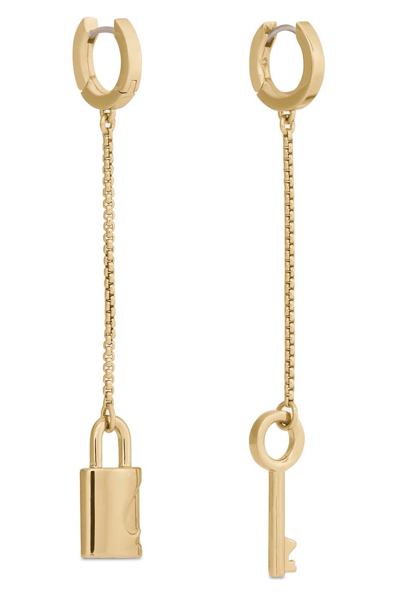 Lock and Key Asymmetrical Linear Earrings, Alternate, color, GOLD