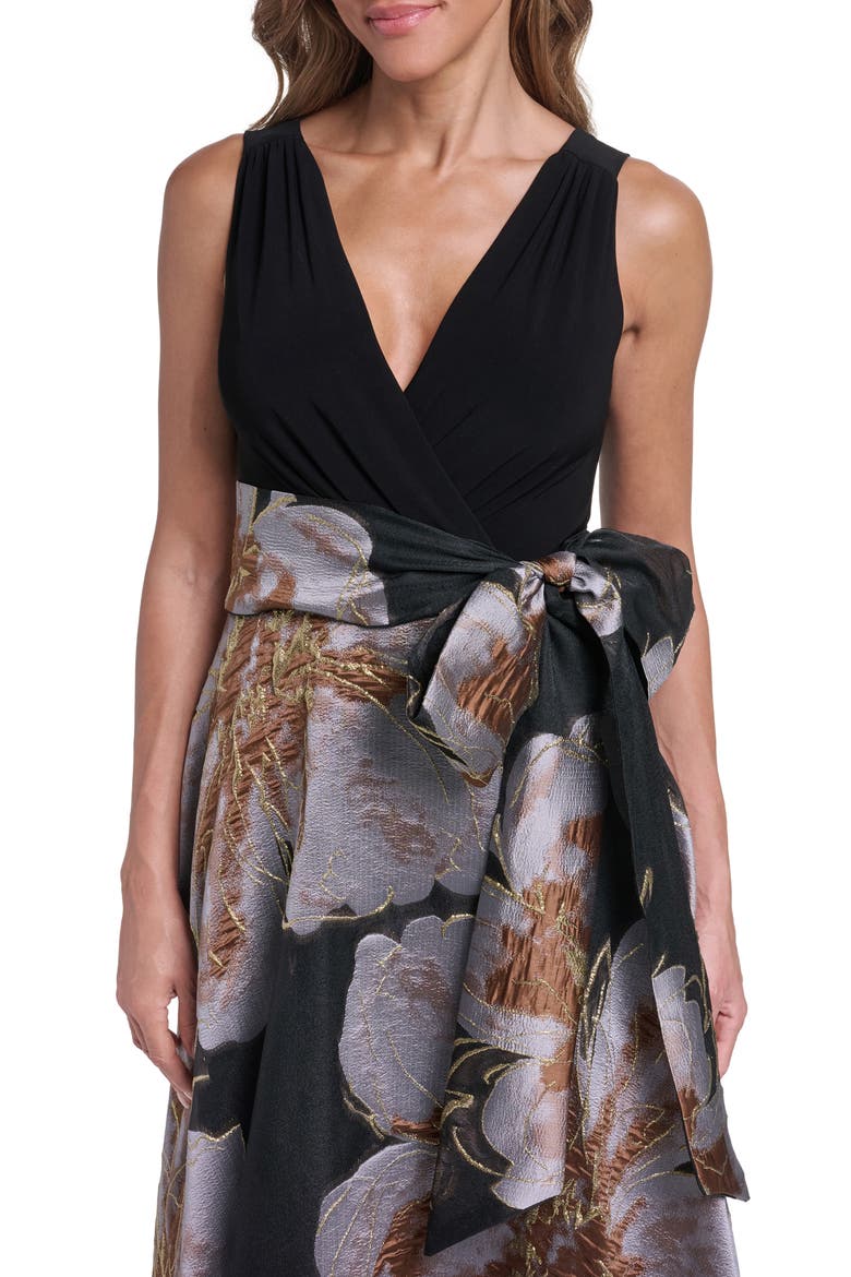 Metallic Floral Jacquard Mixed Media Ball Gown, Alternate, color, BLACK GREY