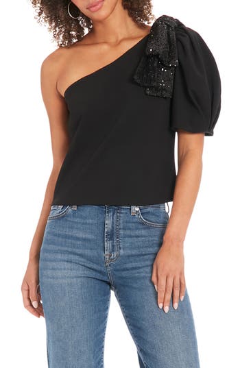 Muse One Shoulder Bubble Sleeve Top In Black