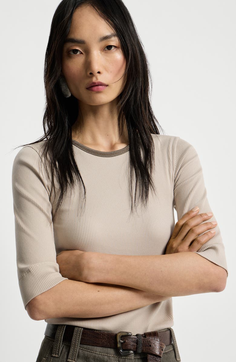 Brunello Cucinelli Ribbed jersey top, Alternate, color, Beige