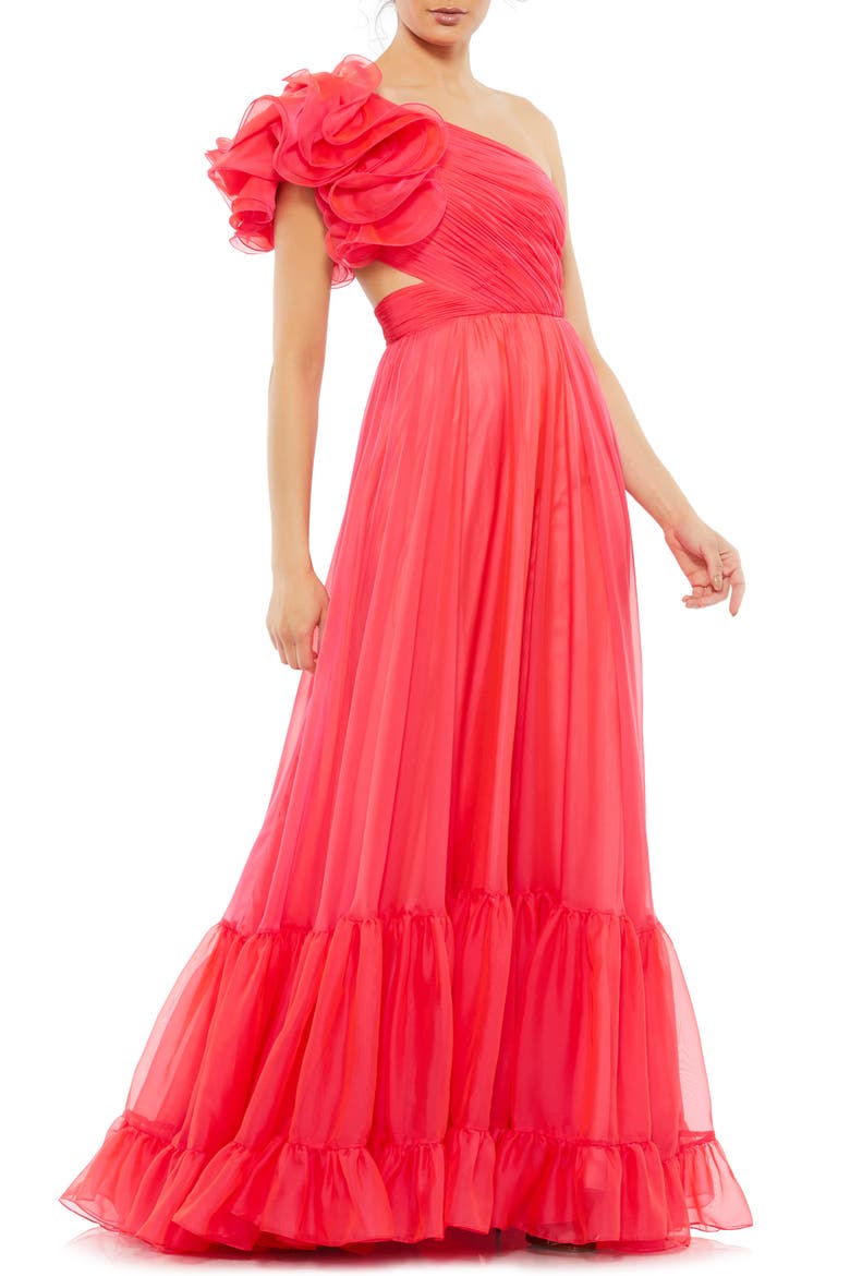 One-Shoulder Tiered Ruffle Gown, Main, color, HOT PINK