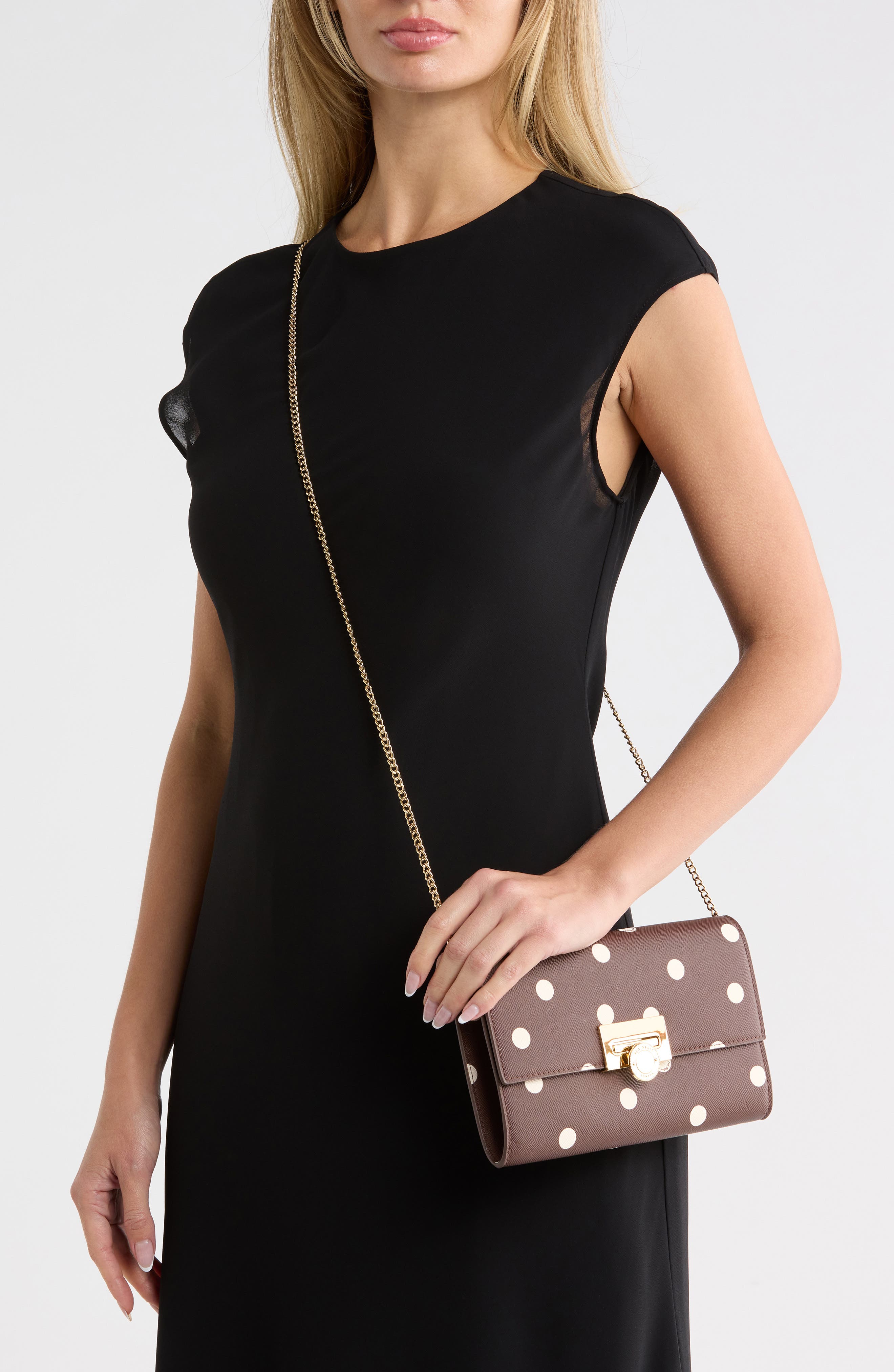 Parisa Polka Dot Faux Leather Crossbody Bag, Alternate, color, BROWN
