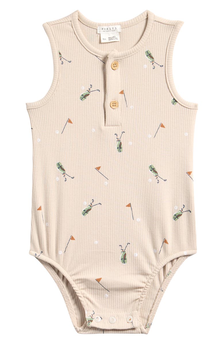 Petit Lem Golf Caddy Stretch Organic Cotton Rib Bodysuit, Main, color, Sand