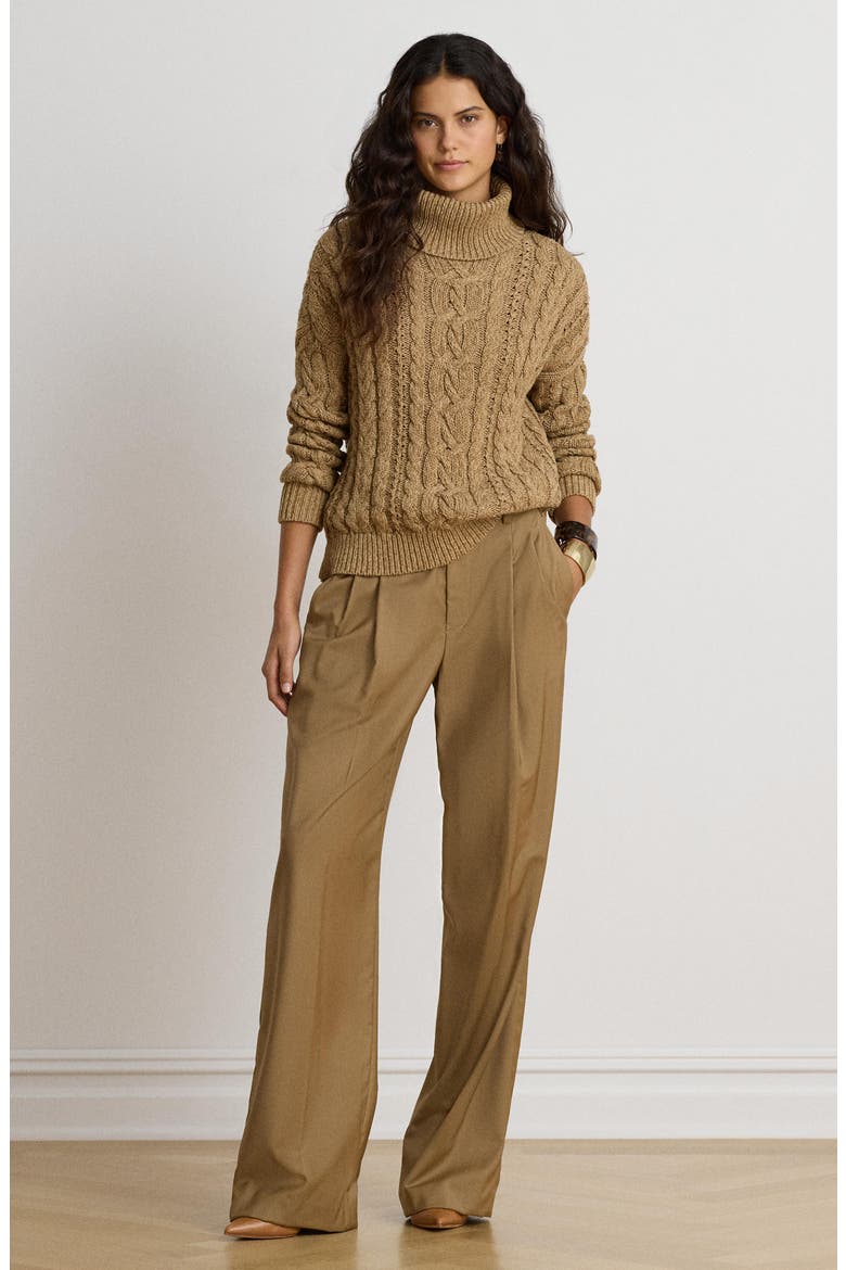 Cable Knit Cotton Turtleneck Sweater, Alternate, color, BROWN