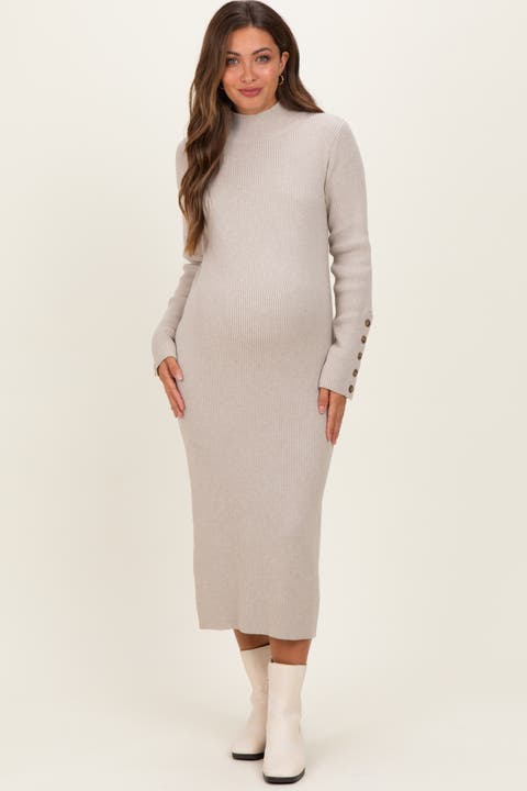 Button Sleeve Sweater Midi Dress