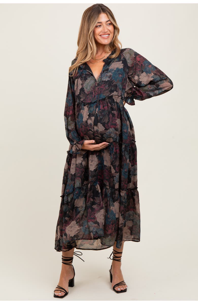 PinkBlush Floral Chiffon Ruffle Tiered Midi Dress, Main, color, Black