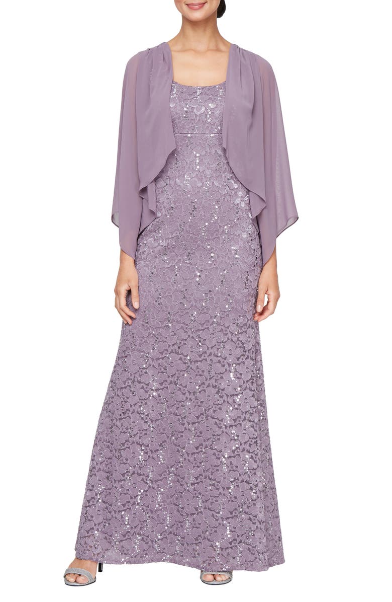 SL FASHIONS Sequin Floral Lace Dress with Mesh Jacket, Main, color, Luxe Lilac