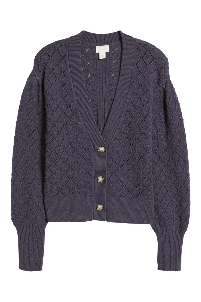 Pointelle Deep V-Neck Cardigan, Alternate, color, NAVY CHARCOAL