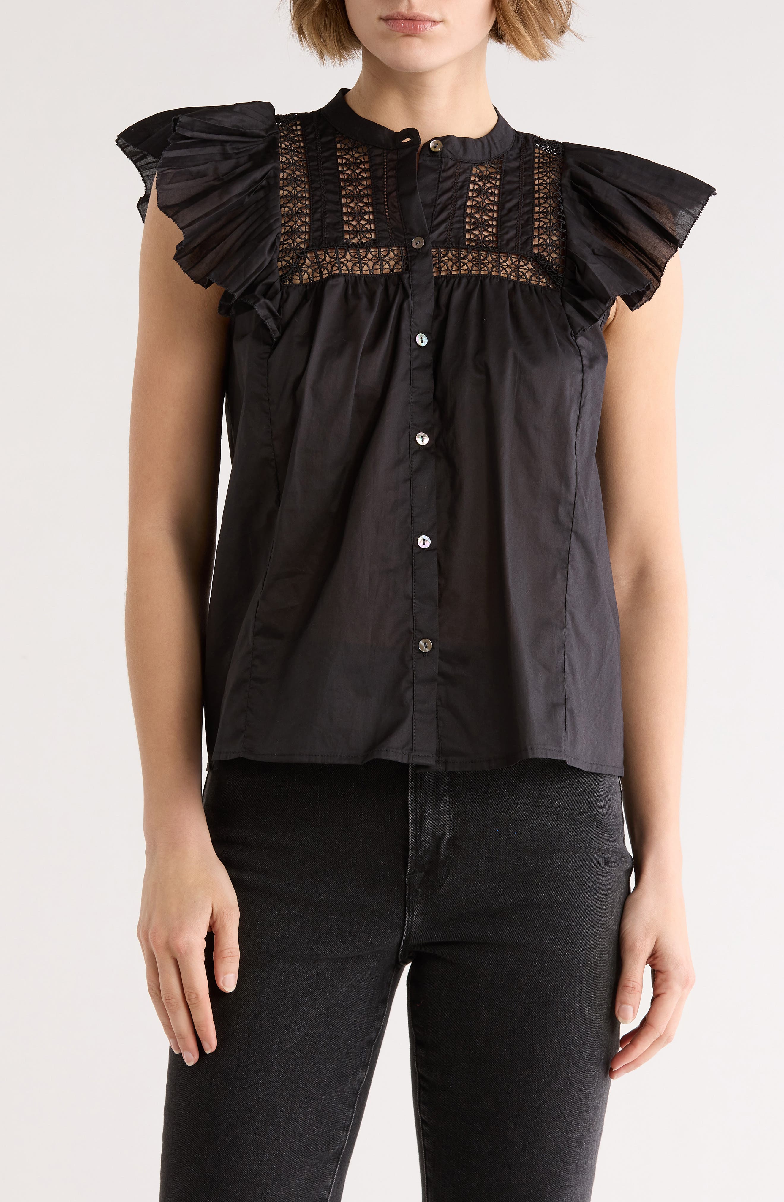 ELIE ELIE TAHARI Cap Sleeve Lace Trim Button-Up Top