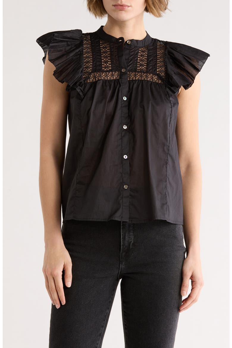 Cap Sleeve Lace Trim Button-Up Top, Main, color, BLACK