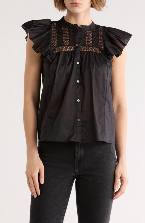 Cap Sleeve Lace Trim Button-Up Top