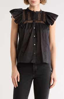 ELIE ELIE TAHARI Cap Sleeve Lace Trim Button-Up Top