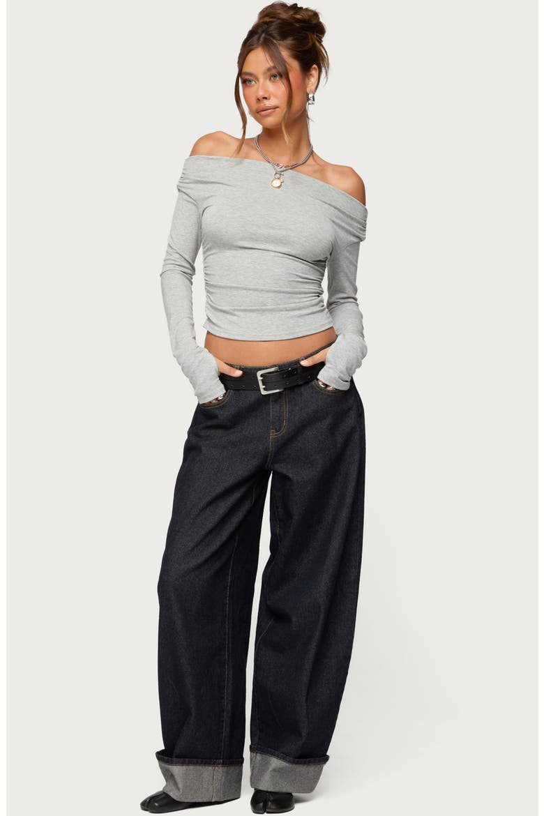 Milane Ruched Off the Shoulder Crop Top, Alternate, color, GRAY-MELANGE