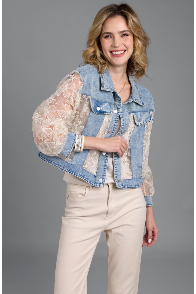 Denim Lace Trucker Jacket, Main, color, BLUE