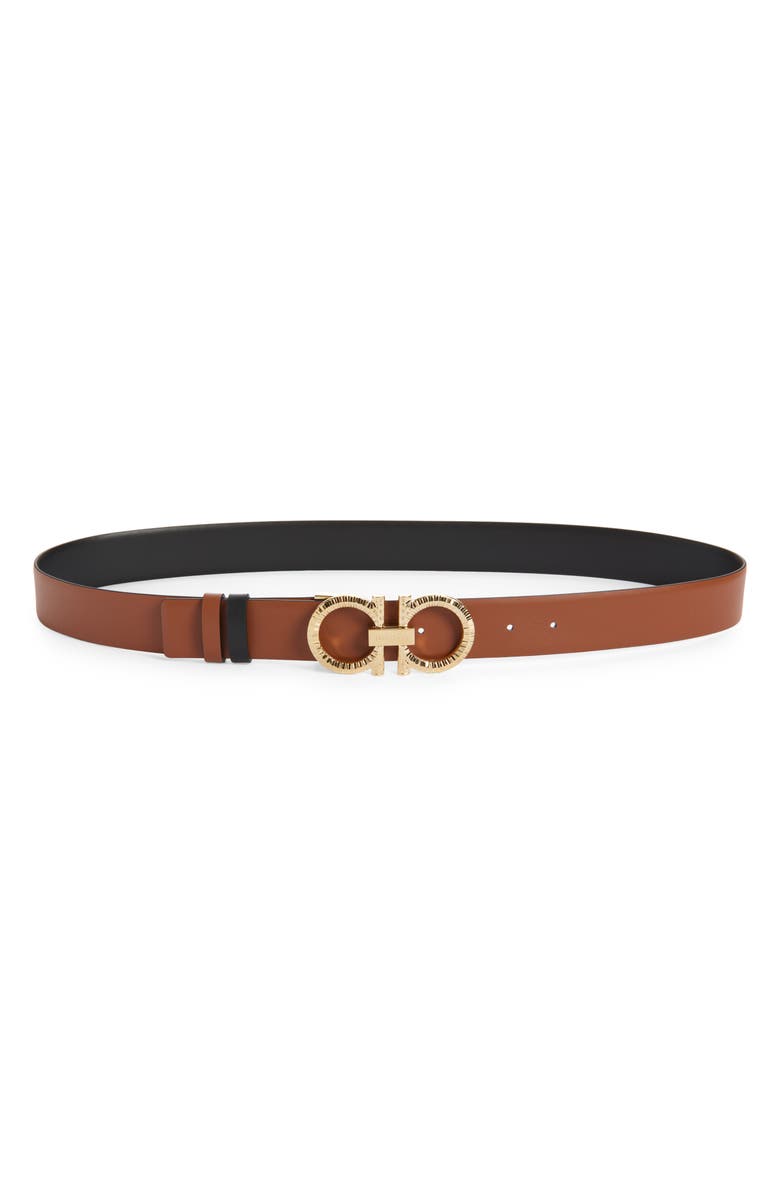 FERRAGAMO Gancio Buckle Reversible Leather Belt, Alternate, color, Nero New Cognac