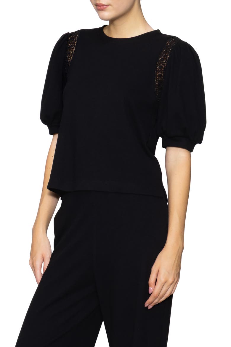 Lace Inset Puff Sleeve Top, Alternate, color, BLACK