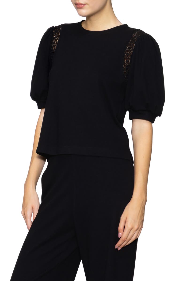 MELLODAY Lace Inset Puff Sleeve Top, Alternate, color, Black