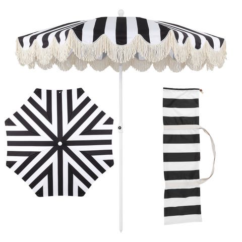 Mariner 6.5 ft. Classic Cottage Fringe Tassel Market Beach Umbrella with Push Button Tilt