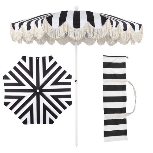 Jonathan Y Mariner 6.5 Ft. Classic Cottage Fringe Tassel Market Beach Umbrella With Push Button Tilt In Brown