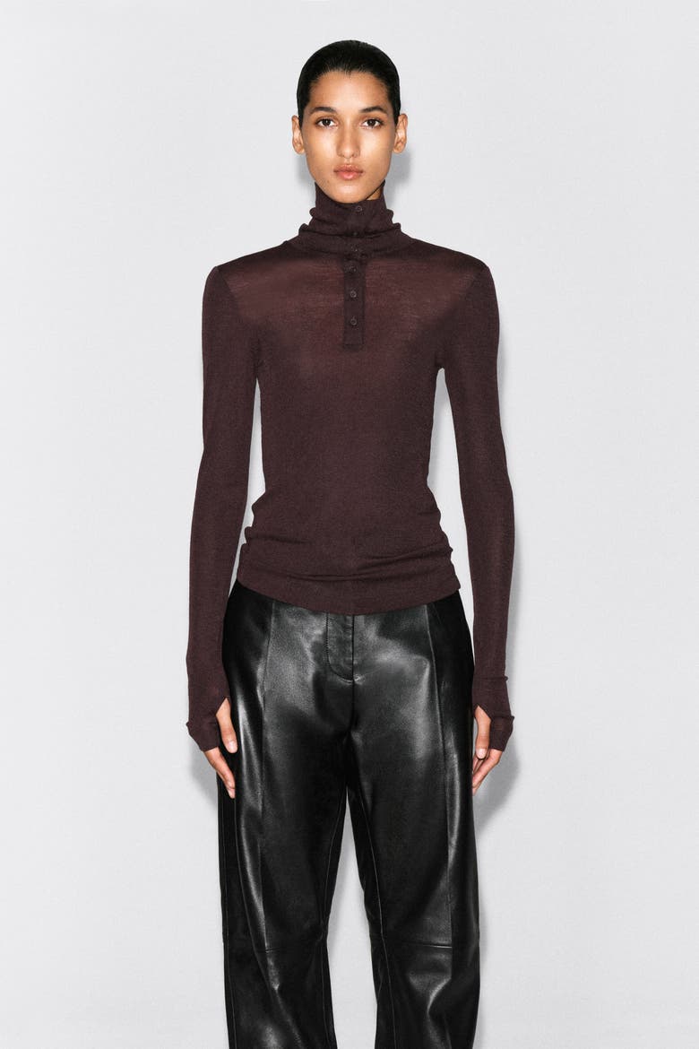 Merino Wool Buttoned Mock-Neck Top, Main, color, BURGUNDY
