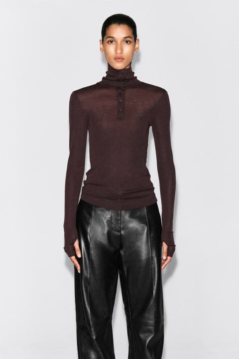 Merino Wool Buttoned Mock-Neck Top