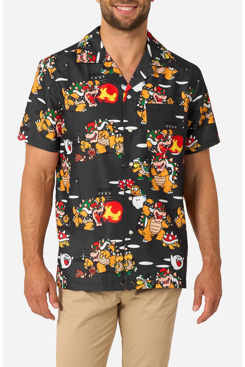 Bowser Mayhem Button Front Short Sleeve Shirt, Main, color, BLACK