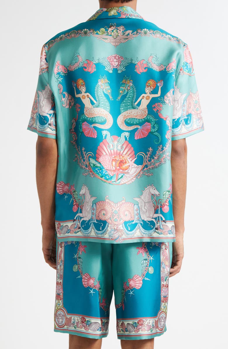 Versace Coral Theater Silk Twill Camp Shirt, Alternate, color, Sea Green Dark Sea Green