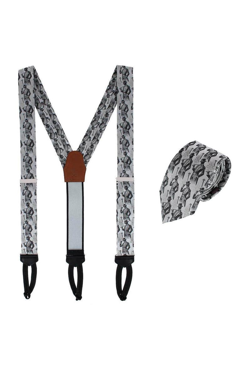Big & Tall Ambrose Dapper Night Silk Formal End Suspenders (Braces) and Necktie Set, Main, color, Silver and Black