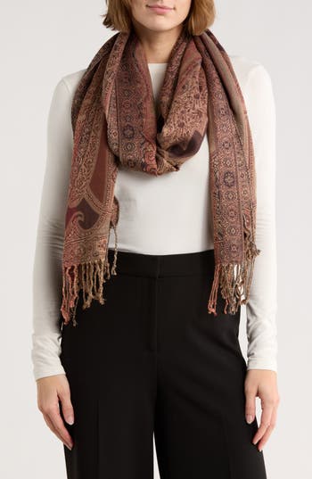 Vince Camuto Paisley Lurex Knit Scarf In Brown