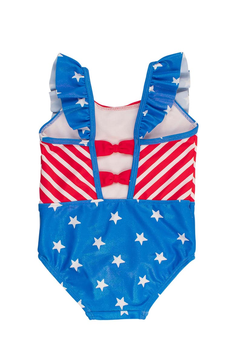 RuffleButts Toddler Girls UPF50+ Pinafore One Piece, Alternate, color, Shimmer Stars & Stripes