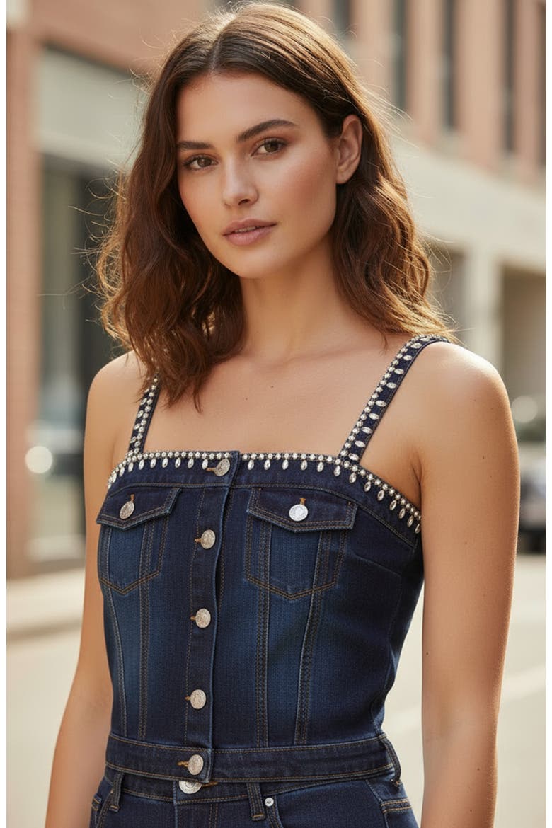 Embellished Denim Croset Top, Alternate, color, INDIGO WASH