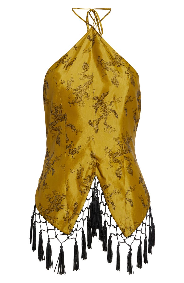 KIM SHUI Bella Fringe Silk Brocade Halter Top, Main, color, Black/ Yellow