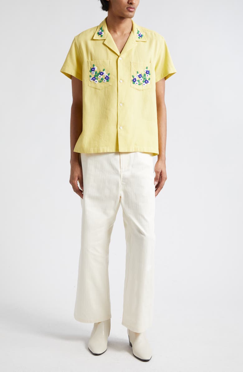 Bode Beaded Flower Short Sleeve Cotton Corduroy Button-Up Shirt, Alternate, color, 