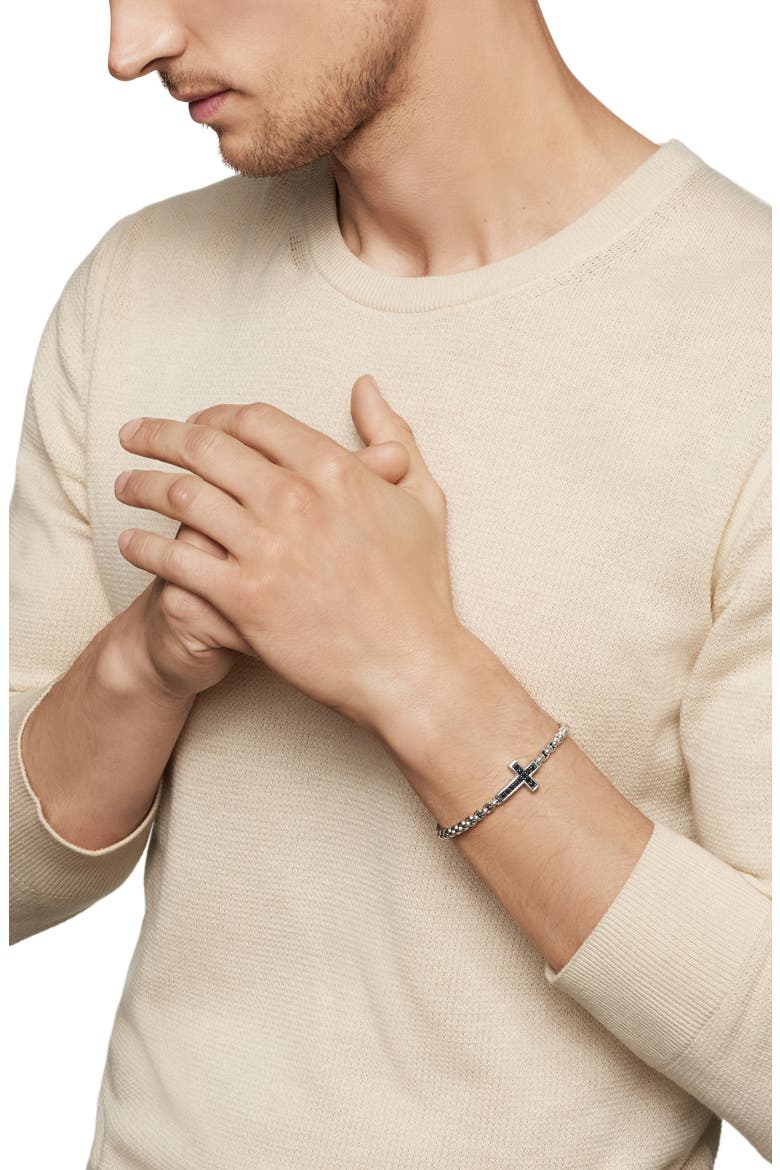 Cross Station Bracelet in Sterling Silver with Black Diamonds, Alternate, color, BLACK/ SILVER