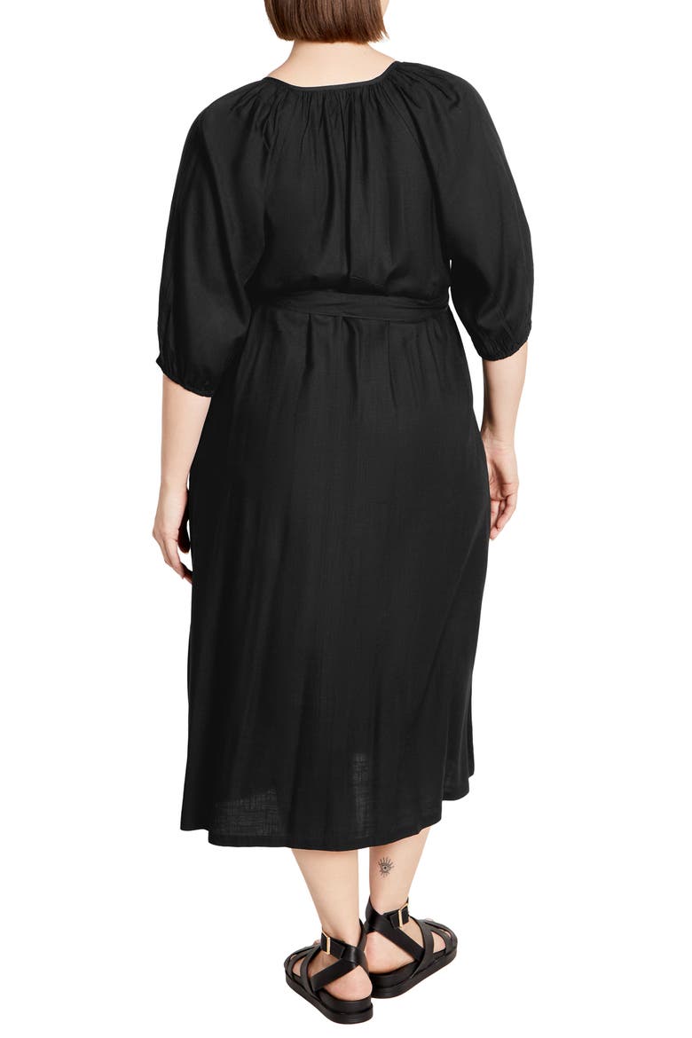 Davina Puff Sleeve Tie Waist Midi Dress, Alternate, color, BLACK