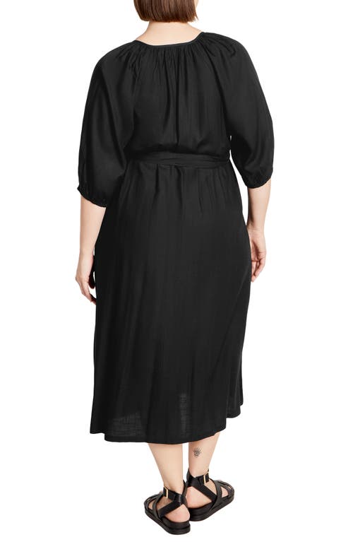 City Chic Davina Puff Sleeve Tie Waist Midi Dress In Black